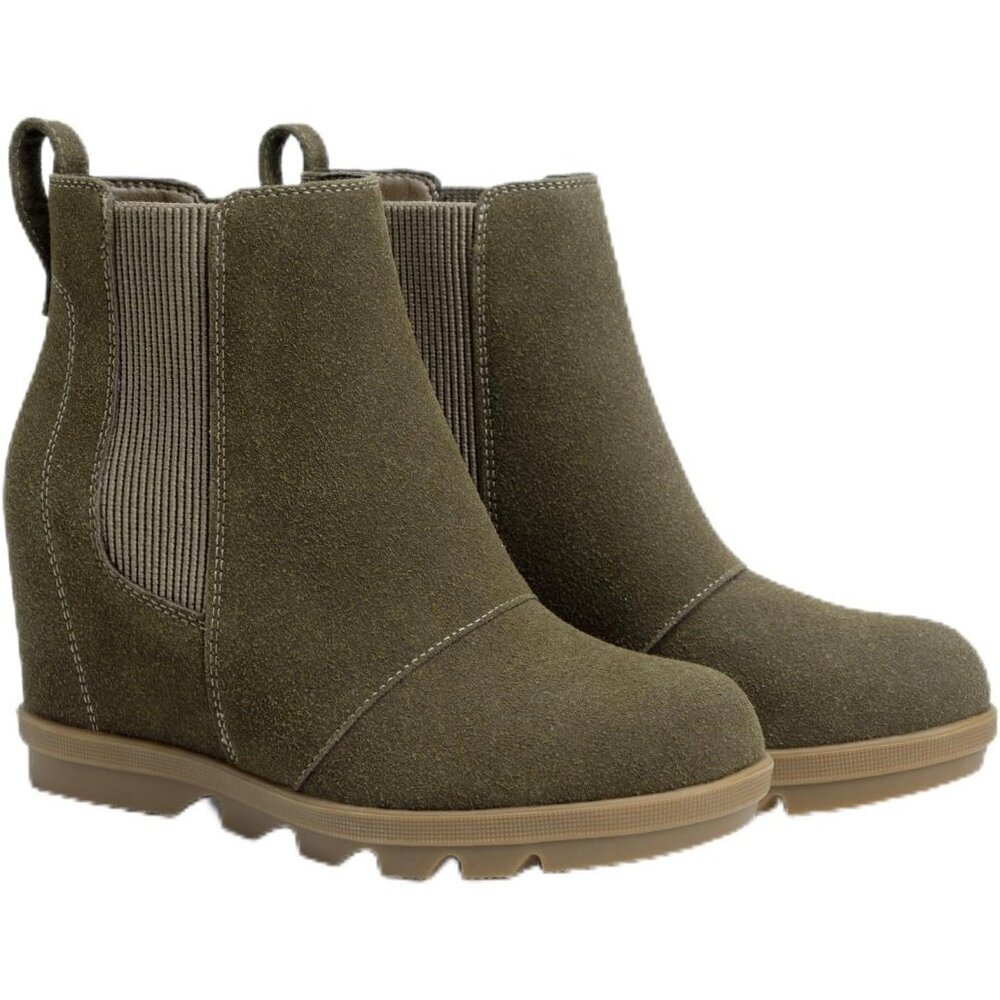 Athlefit Women's Olive Green Faux Leather Wedge Comfortable Ankle Wedge BootiesW